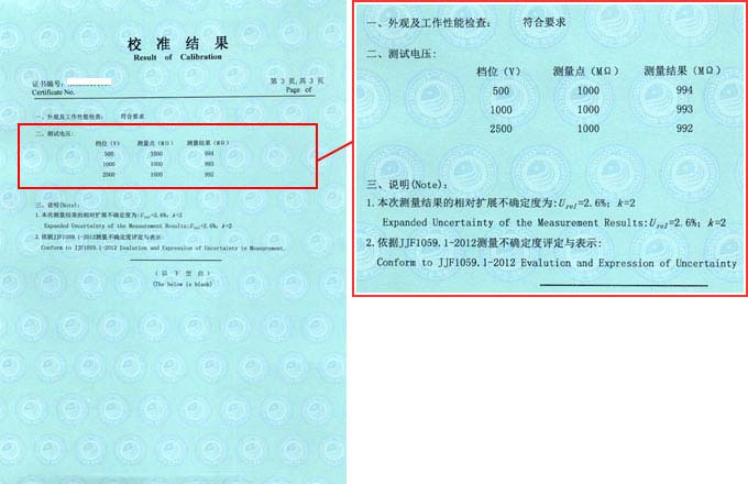 絕緣電阻測(cè)試儀校準(zhǔn)證書結(jié)果頁(yè)圖片