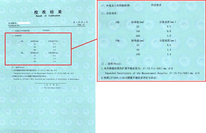 萬(wàn)能工具顯微鏡校準(zhǔn)證書(shū)結(jié)果頁(yè)圖片